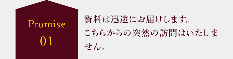 Promise01 資料は迅速にお届けします。
									こちらからの突然の訪問はいたしません。