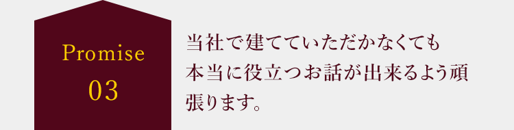 Promise03 当社で建てていただかなくても
									本当に役立つお話が出来るよう頑張ります。